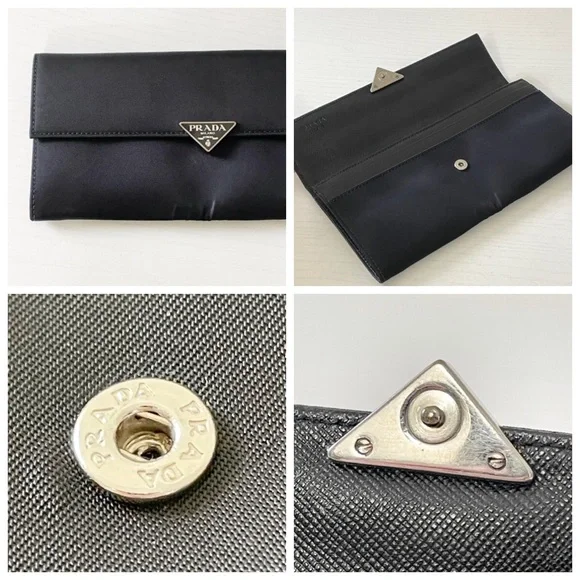Prada black nylon triangle logo snap button long wallet excellent